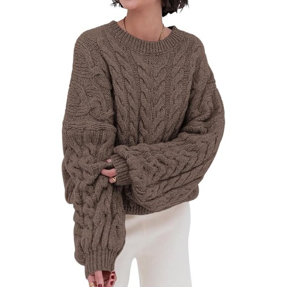 Sweaters - Women's Deep Brown Spring Fall Cable Knit Long Sleeve Crewneck Oversized Sweater